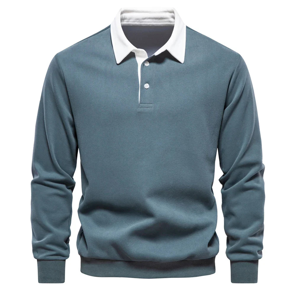 Polo homme rugby décontracté, manches longues, style sportif élégant. Parfait pour un look mode automne/hiver.