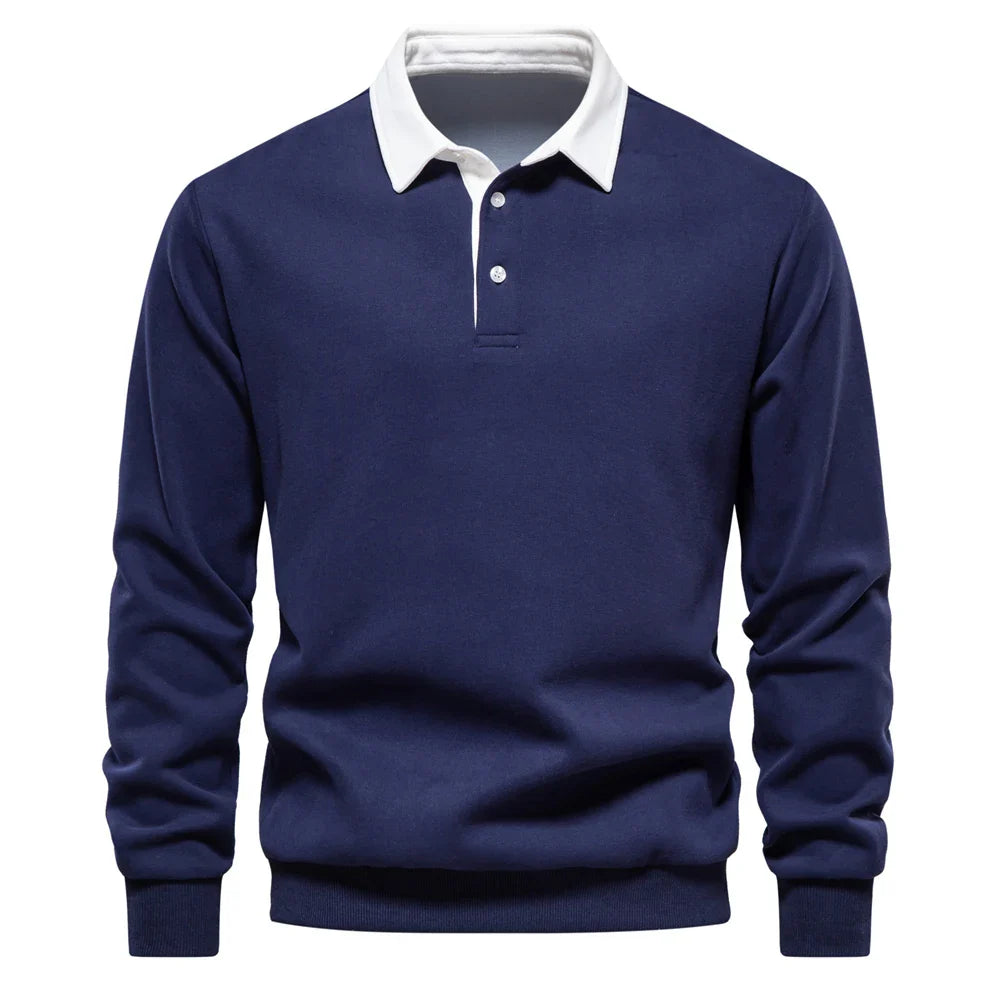 Polo rugby homme bleu marine, manches longues, style sportif élégant. Mode masculine décontractée automne/hiver.