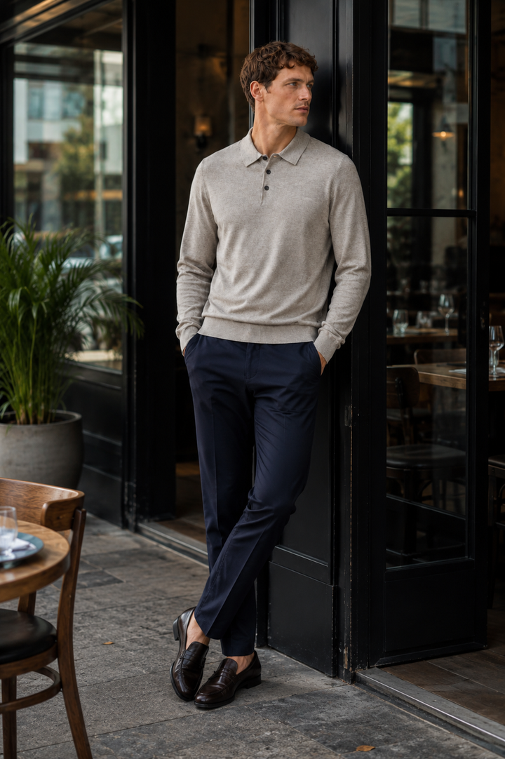 Polo homme élégant à manches longues, idéal pour un look sophistiqué automne-hiver.