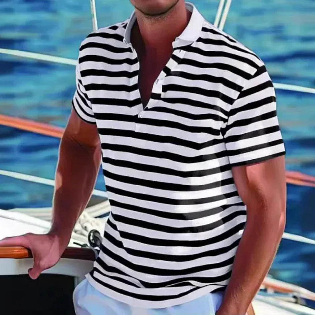 Polo homme rayé, col ouvert rose. Vêtement chic et confortable pour tenue décontractée masculine.