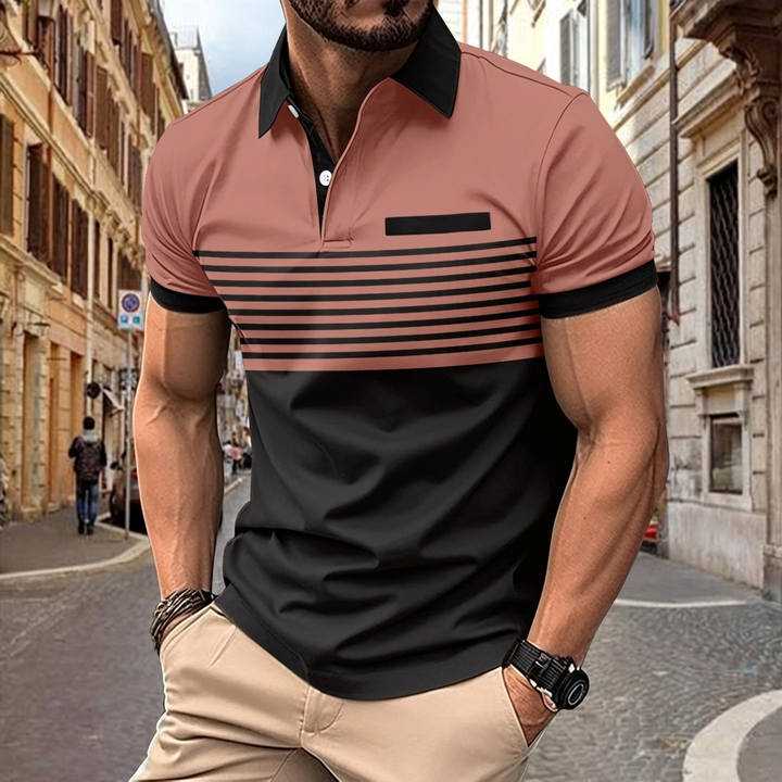Polo homme décontracté à manches courtes, rayures modernes, idéal pour la mode estivale et un style chic.