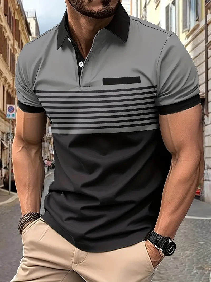Haut polo homme respirant à rayures fines, parfait pour les journées d'été et un look décontracté-élégant.