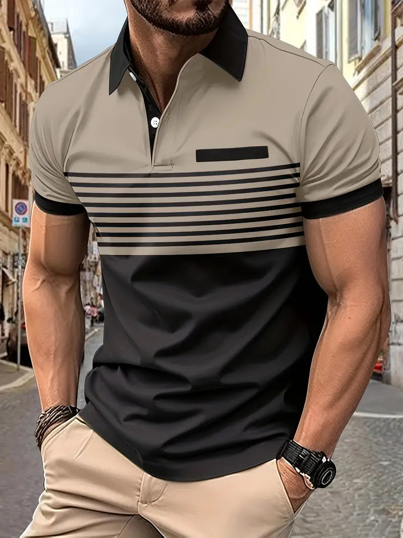 Polo homme à rayures polyvalent, manches courtes, tissu respirant, parfait pour le bureau décontracté ou les loisirs.