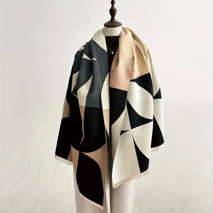 Poncho écharpe convertible pour femme, motif géométrique moderne, chaleureux et élégant pour l'hiver.
