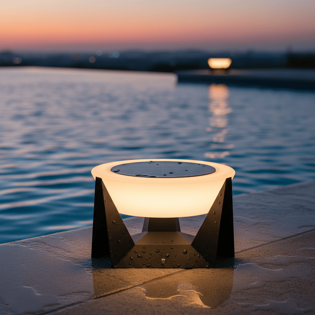 Éclairage ambiant solaire pour terrasse, design élégant, autonomie longue durée.