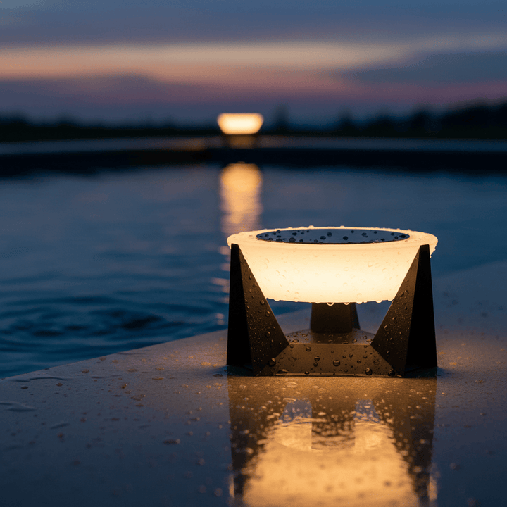 Lampe solaire de qualité pour jardin, résiste pluie et vent, lumière douce garantie.