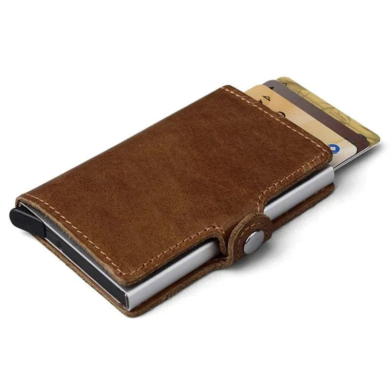 Porte-cartes automatique RFID homme en cuir véritable, compact et élégant, un accessoire pratique.