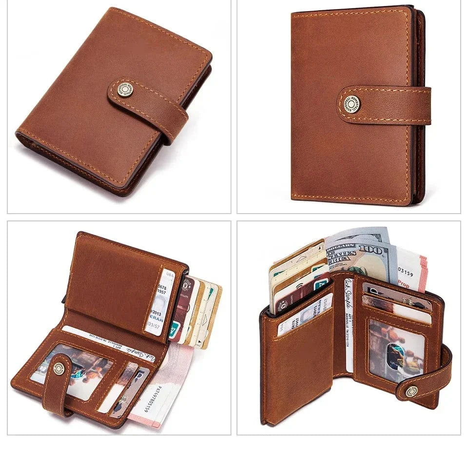 Vue frontale du portefeuille homme en cuir Crazy Horse, compact et doté d'une protection RFID. Accessoire chic.
