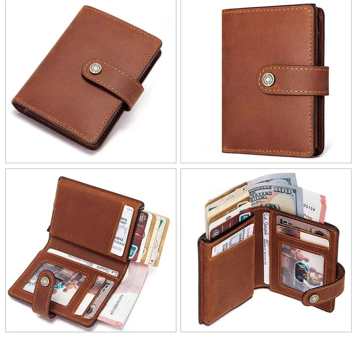 Vue frontale du portefeuille homme en cuir Crazy Horse, compact et doté d'une protection RFID. Accessoire chic.