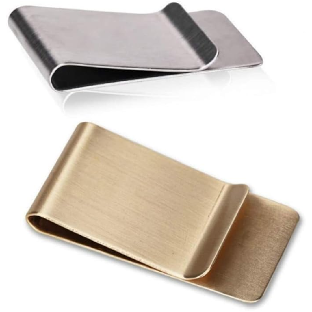 Accessoire élégant : pince à billets et porte-cartes minimaliste en acier inoxydable, finition or, argent.