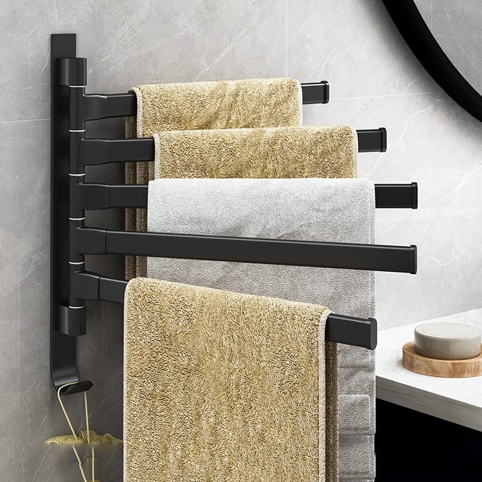 Porte-serviettes mural noir en métal, 5 bras pivotants pour organiser la salle de bain avec style et gain de place.