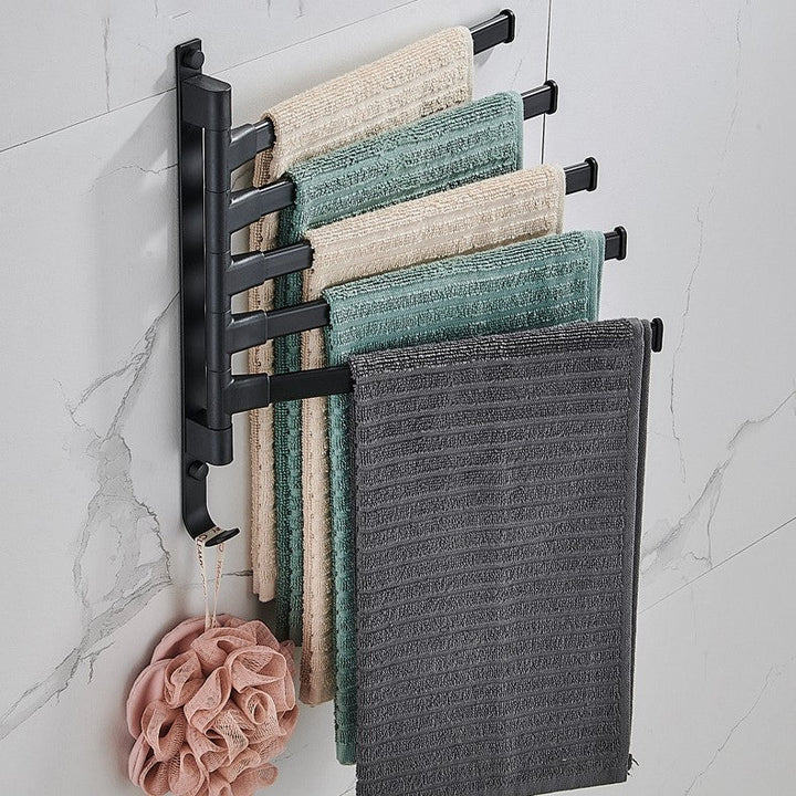 Accroche-serviettes mural noir en métal robuste, 5 bras pivotants pour un rangement optimal dans votre salle de bain.