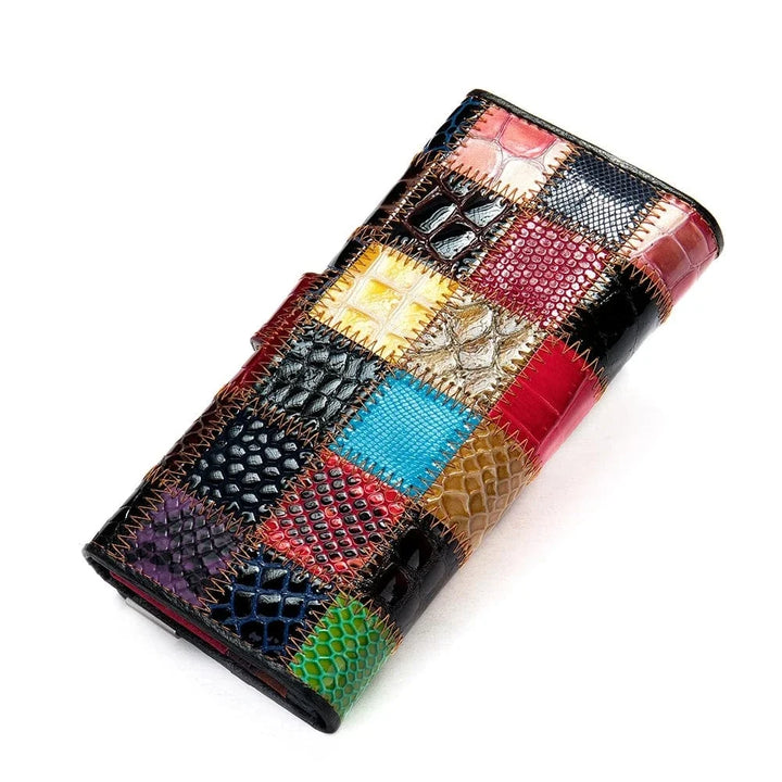Idée cadeau: portefeuille femme en cuir multicolore vibrant, style bohème chic et élégant.