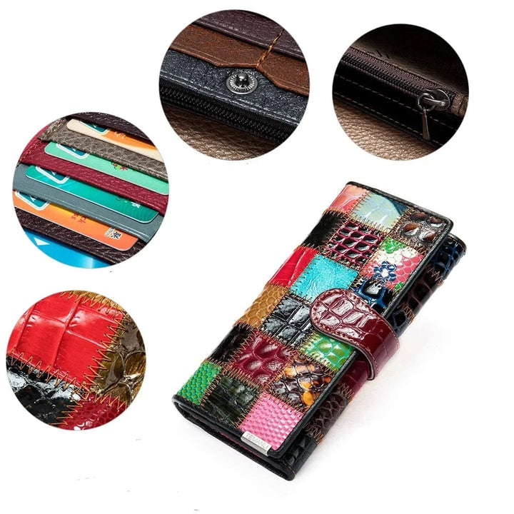 Intérieur organisé d'un portefeuille femme en cuir multicolore, compartiments pratiques. Style bohème.