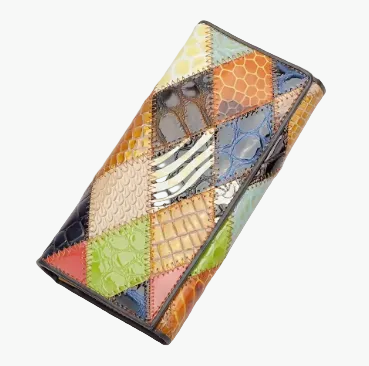 Portefeuille femme en cuir véritable multicolore, style bohème original. Accessoire élégant et pratique.