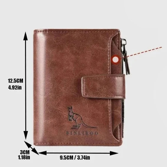 Portefeuille homme en cuir PU marron ouvert, révélant de multiples compartiments pour cartes, sécurité RFID.