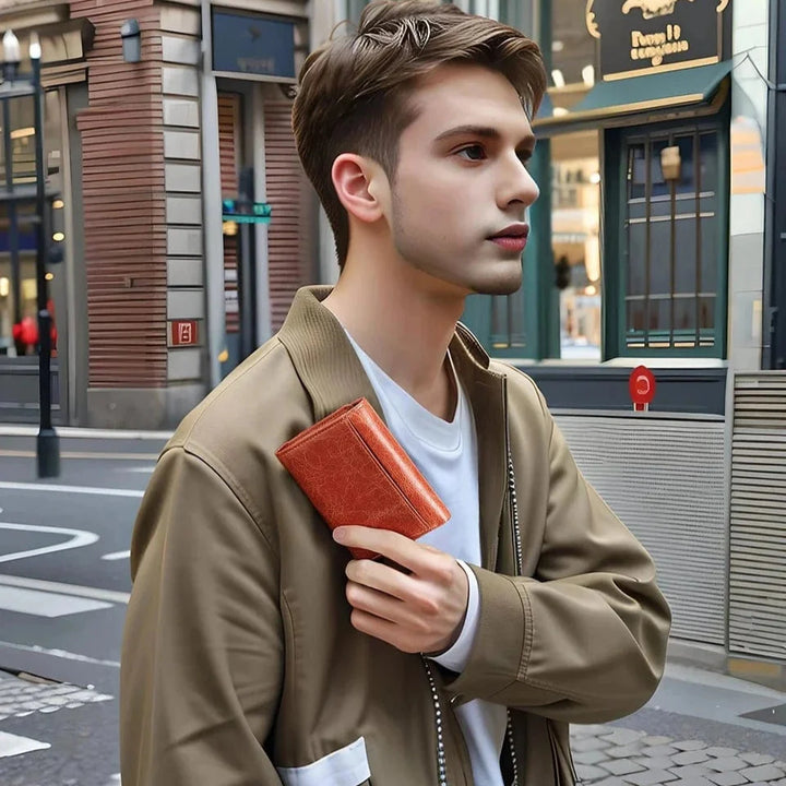 Accessoire homme: portefeuille RFID en cuir de qualité couleur café. Design sophistiqué, sécurité optimale.