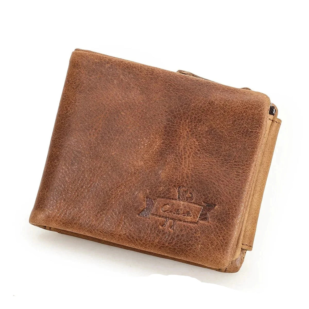 Élégant portefeuille homme en cuir véritable couleur café, style vintage, luxe et fonctionnalité.