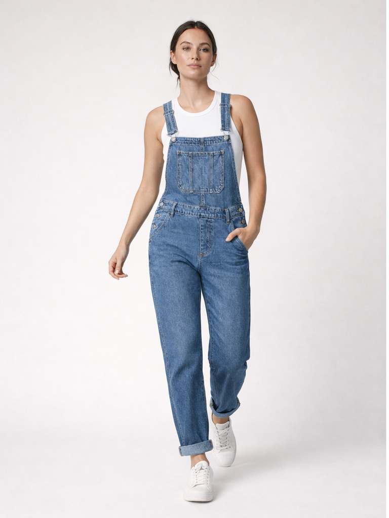 Salopette en jean femme oversize bleu denim, coupe décontractée pour un style urbain moderne et confortable.