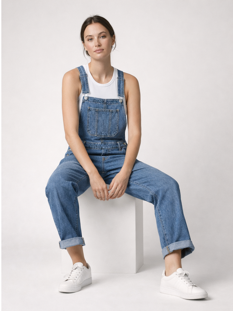 Salopette jean femme oversize avec bretelles réglables et poches pratiques, look décontracté mode urbaine.