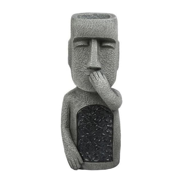 Pot à fleurs extérieur en résine sculptée, motif visage, avec éclairage solaire intégré pour terrasse et jardin.