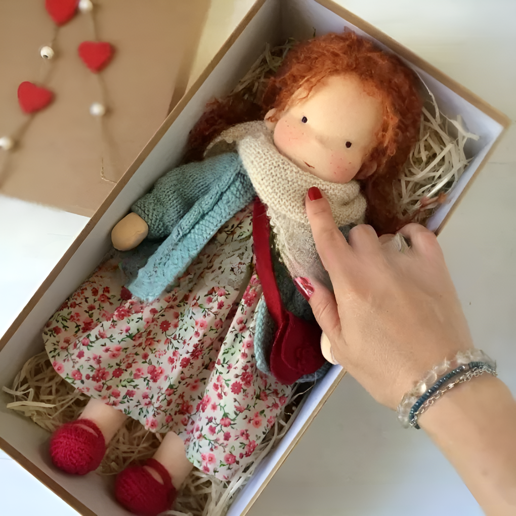 Poupée Waldorf douce en coton et laine, parfaite pour stimuler l'imagination des enfants.
