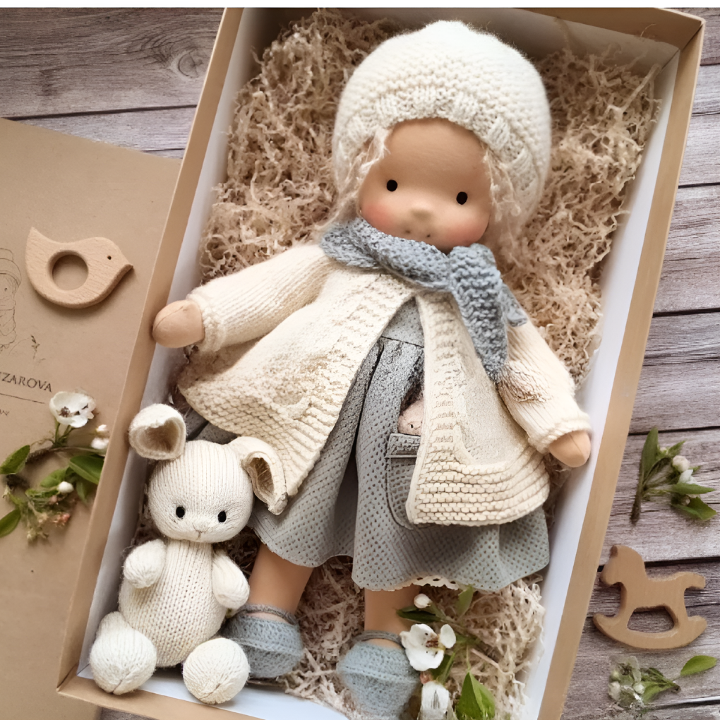 Poupée Waldorf artisanale, vêtue de coton, favorisant le jeu libre et l'empathie chez l'enfant.