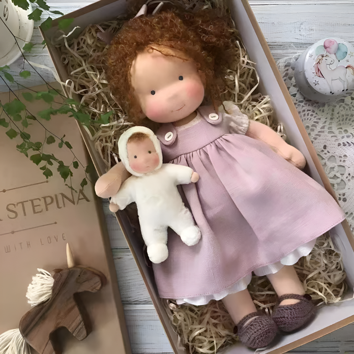 Poupée Waldorf en robe de coton, sur un fond simple, mettant en valeur son design épuré.