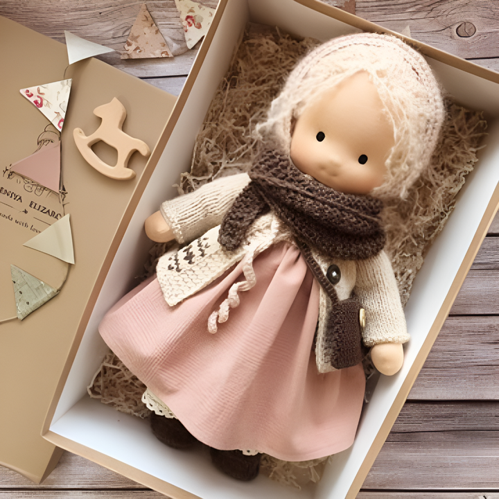 Poupée Waldorf en coton et laine, un pilier du jeu libre et de l'apprentissage par l'expérience.