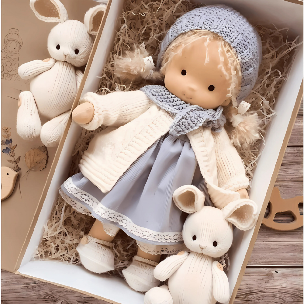 Jolie poupée Waldorf faite main, parfaite comme jouet enfant hypoallergénique et doux pour le jeu.