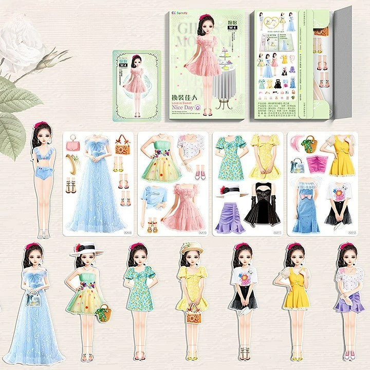 Gros plan: accessoires et vêtements magnétiques pour poupée, encourage l'habillage créatif des filles.