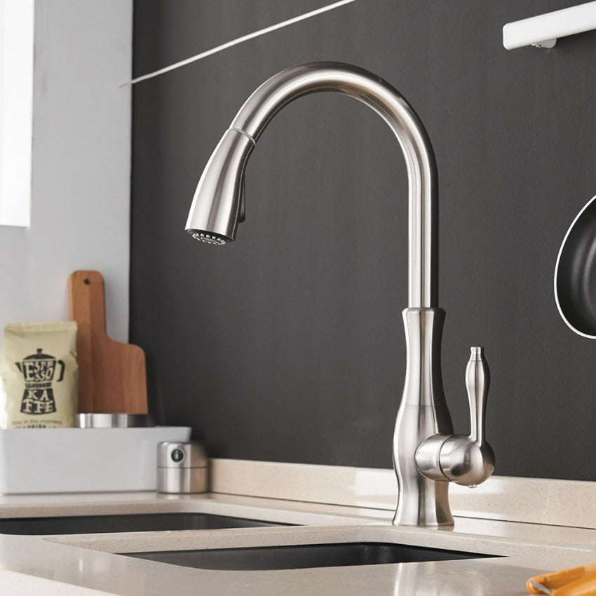 Robinet de cuisine extensible moderne, mitigeur avec douchette. Design élégant pour flexibilité optimale.