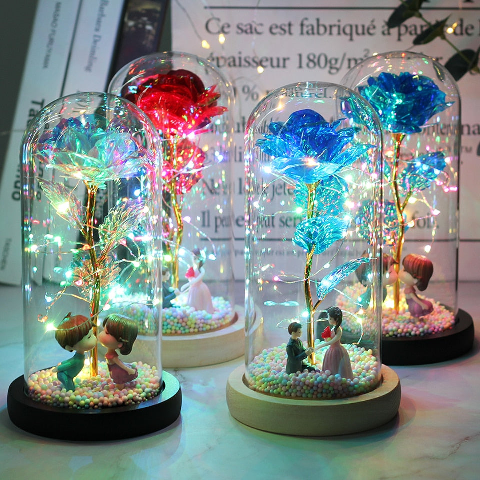 Décoration intemporelle: rose éternelle sous dôme de verre avec lumières LED.