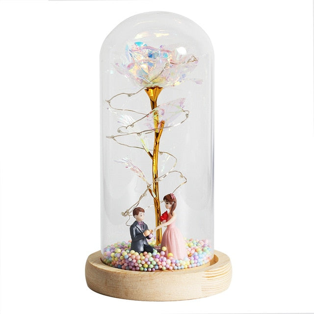 Rose artificielle éternelle LED, parfaite pour une décoration de table ou bureau.