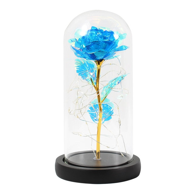 Cadeau unique: rose éternelle avec lumières LED, sous une cloche en verre, LuxeBloom.