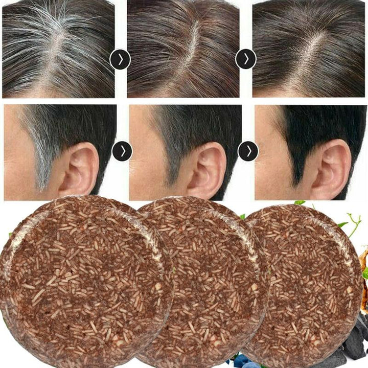 Soin capillaire écologique. Shampooing bio assombrissant avec ingrédients naturels pour cheveux gris.