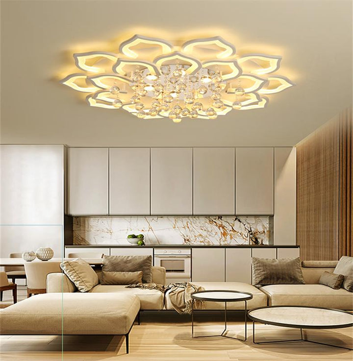 Plafonnier moderne Lotus en cristal dimmable. Éclairage intérieur design pour salon ou chambre, lumière ajustable.