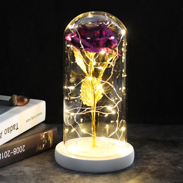 Cloche de verre avec rose éternelle et guirlande LED, décoration florale moderne.