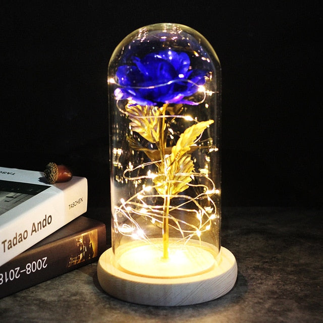 Rose éternelle captivante sous cloche, éclairage LED pour une touche de magie.