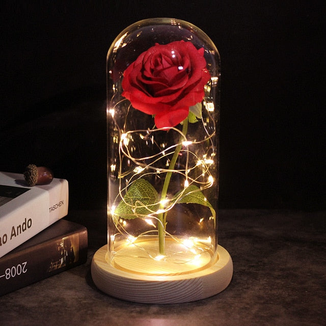 Ambiance romantique avec cette rose éternelle LED sous cloche élégante.