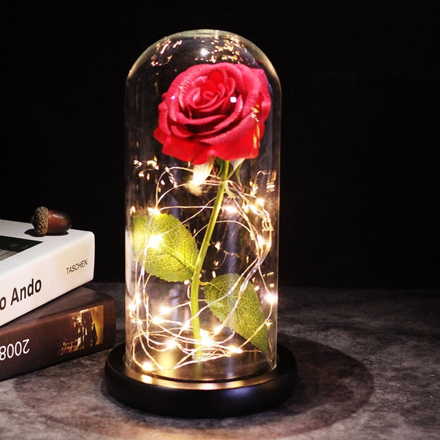 Cadeau d'amour: rose éternelle avec LED intégrées sous cloche en verre.