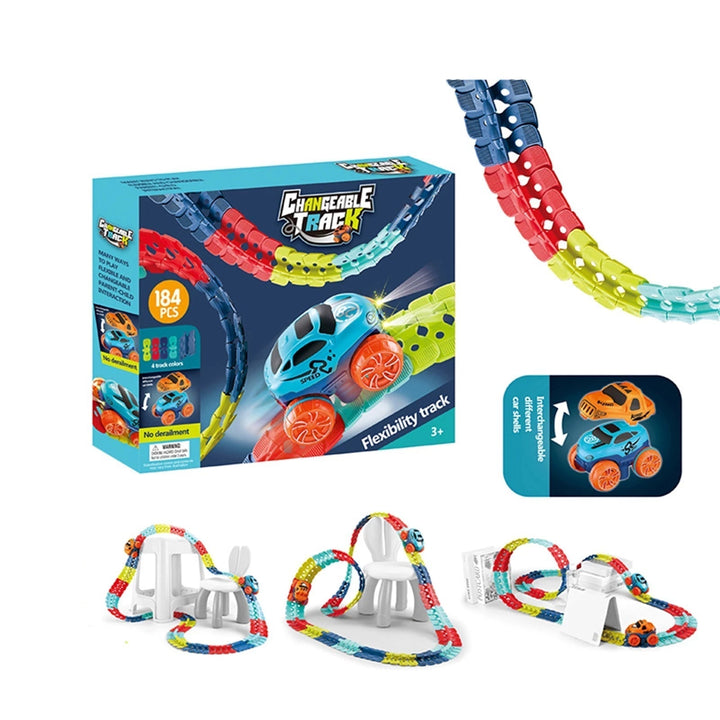 Voiture de course sur un circuit flexible magnétique, offrant un jeu dynamique et interactif pour enfant.