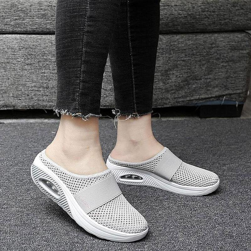 Chaussures à coussin d'air pour femmes, coloris variés (rose, bleu, gris, noir), confort et légèreté garantis.