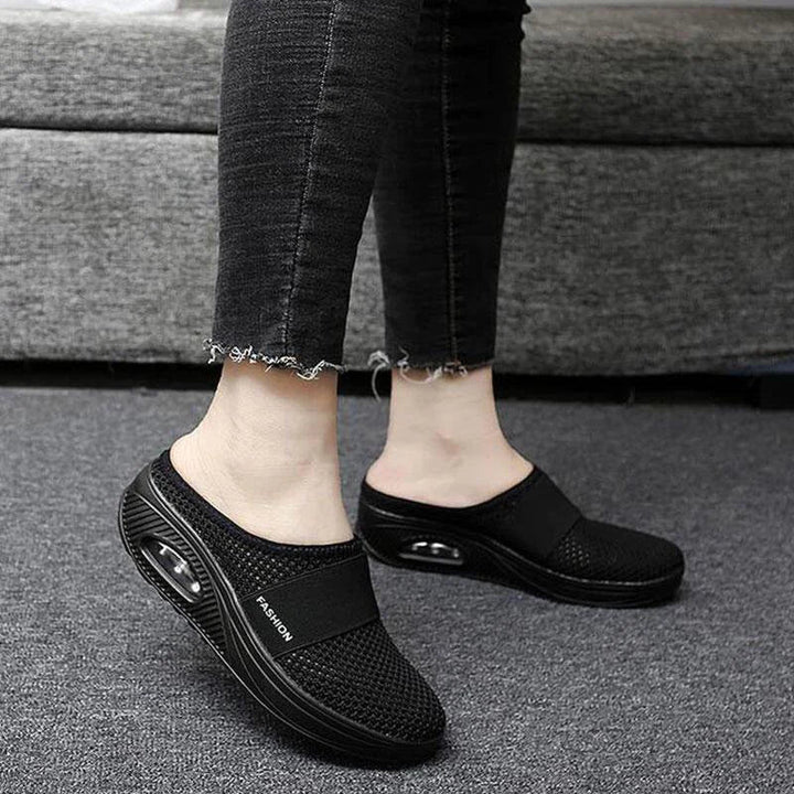 Chaussures confort femme pour le soulagement des douleurs, avec coussin d'air amortissant chaque pas.