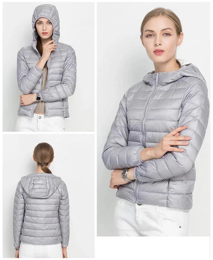 Veste doudoune femme avec capuche, très légère. Confortable pour les températures mi-saison.
