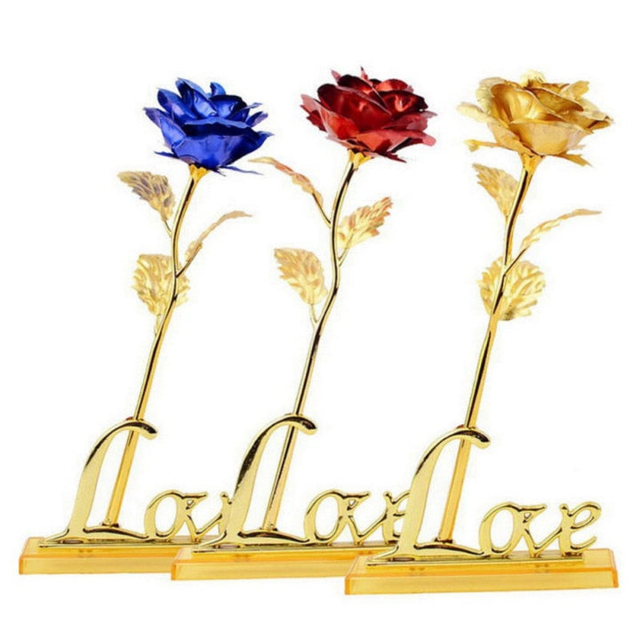 Rose éternelle dorée 24k avec support, cadeau luxe romantique pour amour éternel.