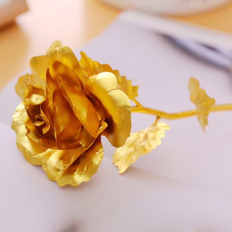 Rose éternelle dorée 24k certifiée, cadeau luxe exceptionnel avec son support assorti.