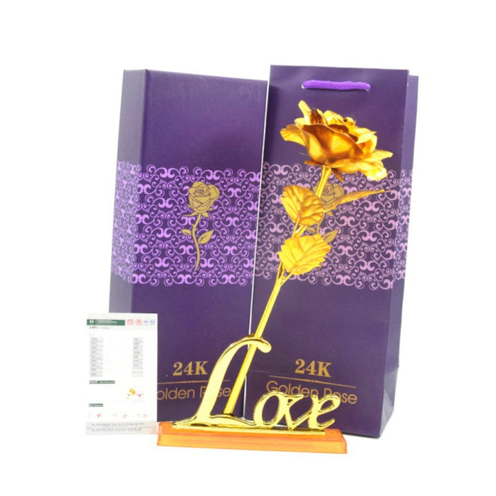 Rose artificielle de haute qualité, dorée 24k éternelle sur support pour cadeau romantique.