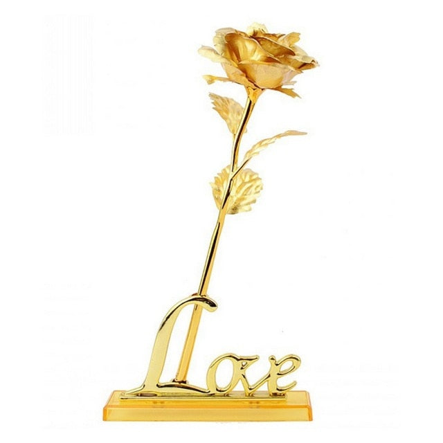 Rose dorée 24k éternelle, cadeau d'anniversaire luxe avec support pour une décoration élégante.