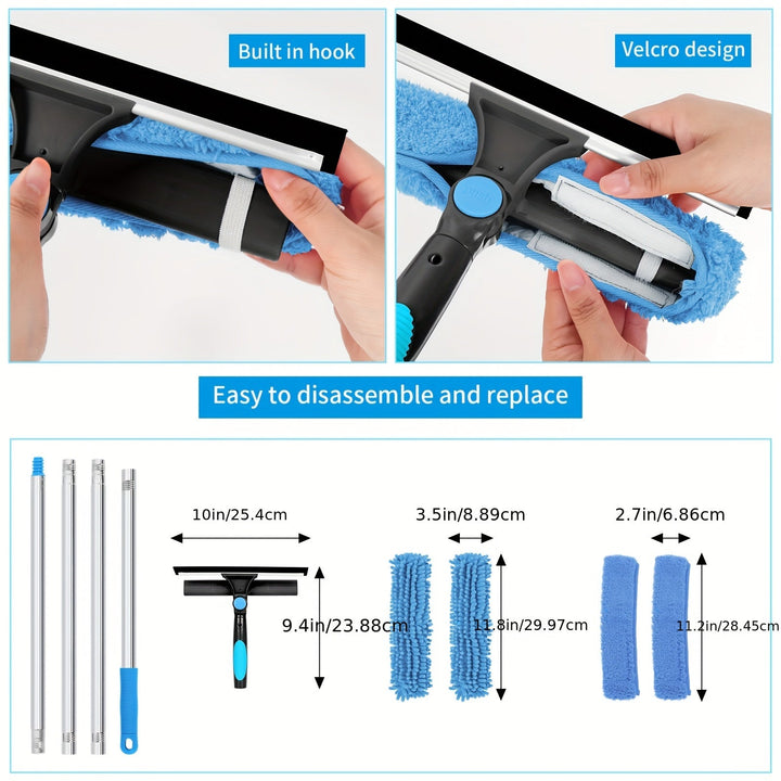 Brosse intégrée au nettoyeur de fenêtres télescopique pour un nettoyage efficace des surfaces avant raclage.
